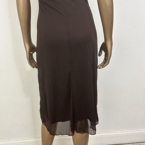 Vintage 90s Brown Chiffon Midi Dress Asymmetrical Hem Fairy Ethereal Earthy Sz M - Picture 6 of 12